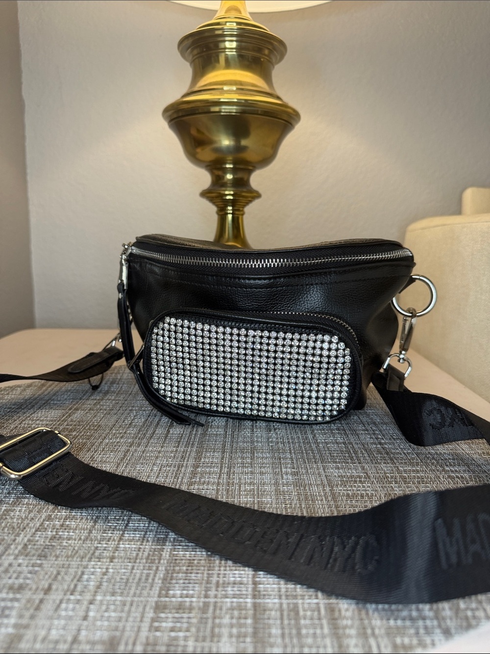 Black Rhinestone Accent Crossbody Belt Bag